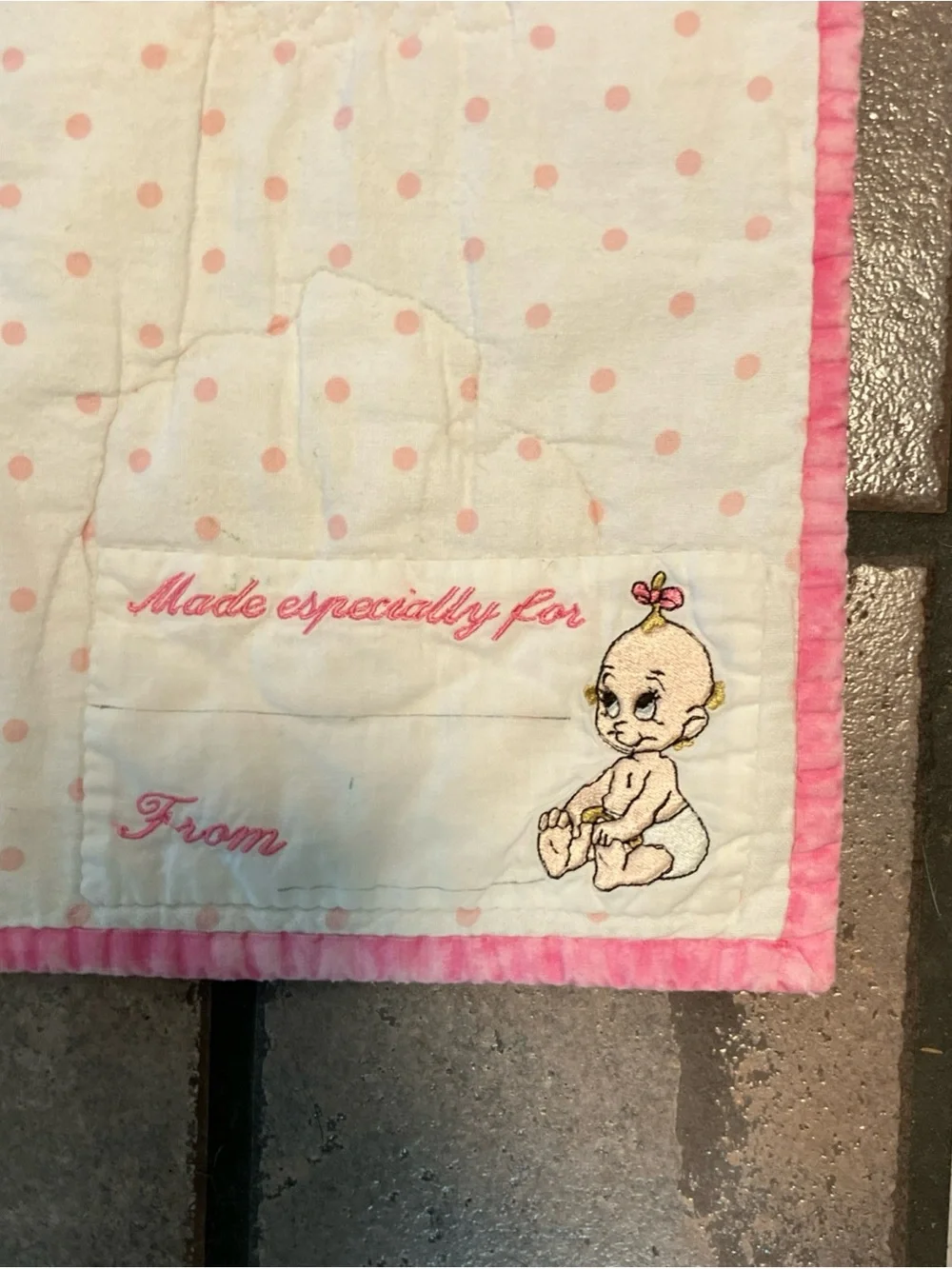 Handmade Pink Baby Quilt with Blue Accents